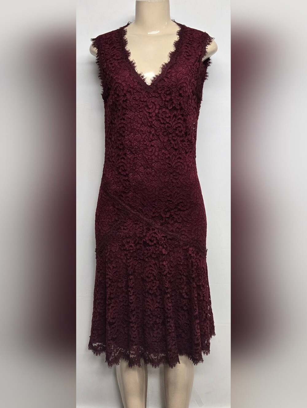 Tory Burch 8 Burgundy Wine Lace Overlay Scalloped Hem Deep V Neck Midi